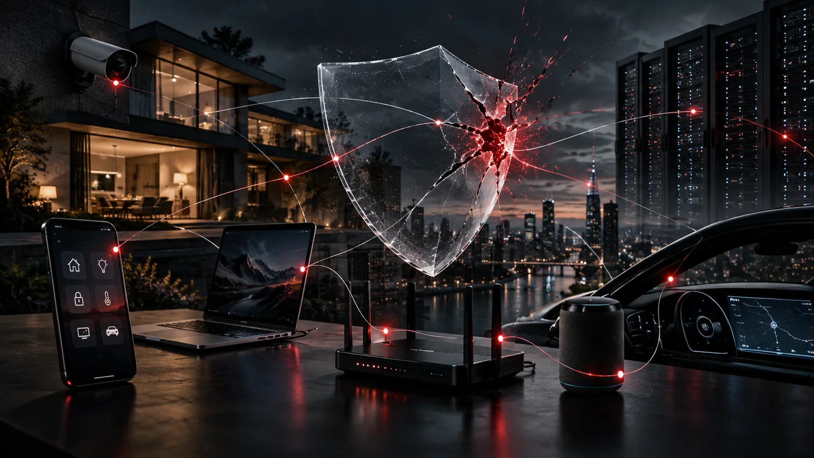 A cracked digital security shield surrounded by interconnected smart devices, a home network, a vehicle, and data center servers.